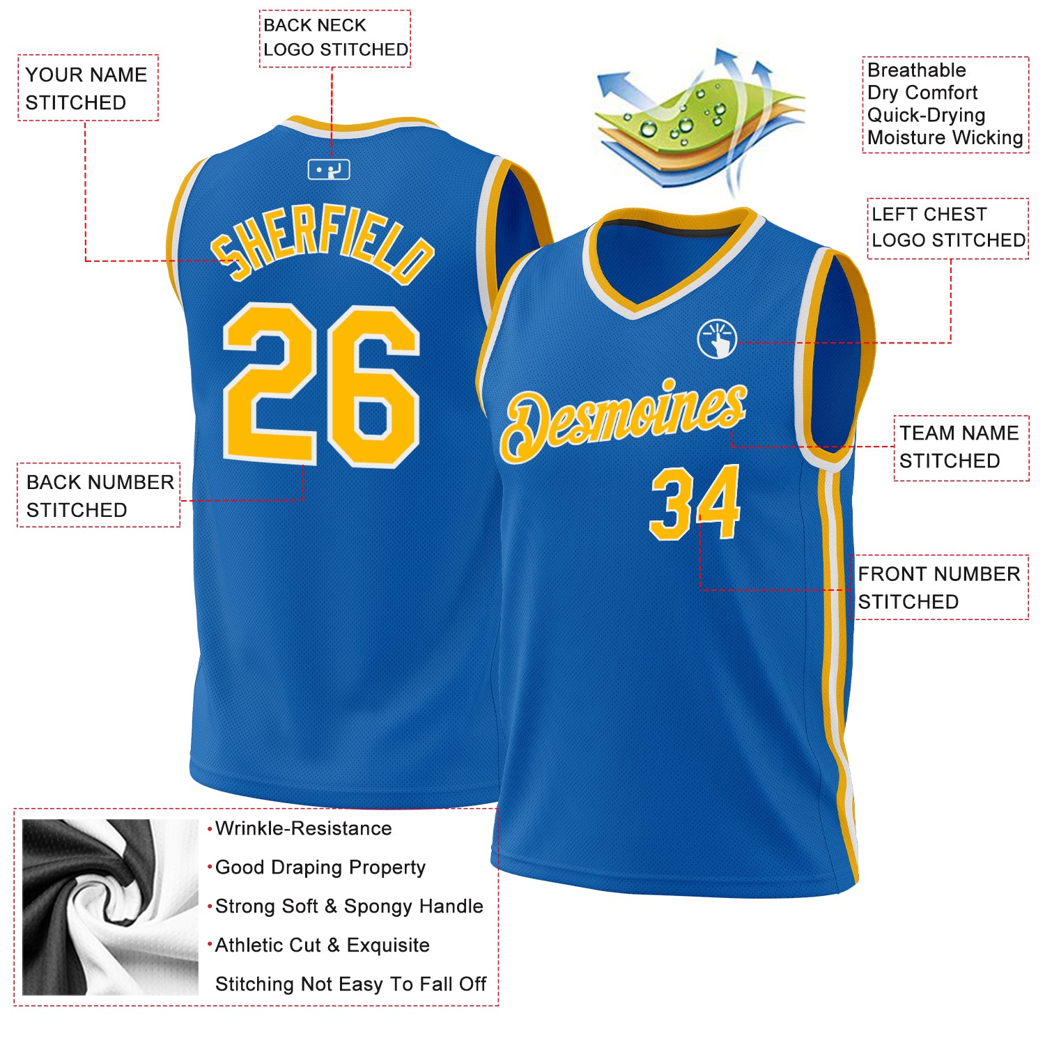 Custom Blue Gold-White Authentic Throwback Basketball Jersey
