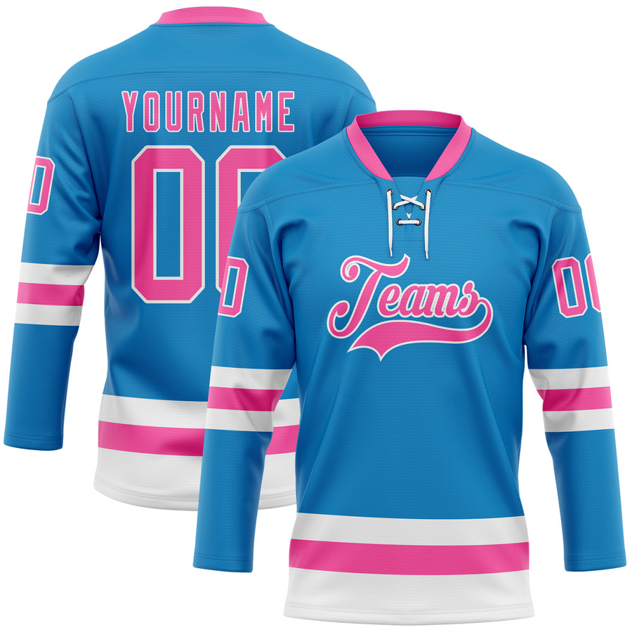 Custom Blue Pink-White Hockey Lace Neck Jersey