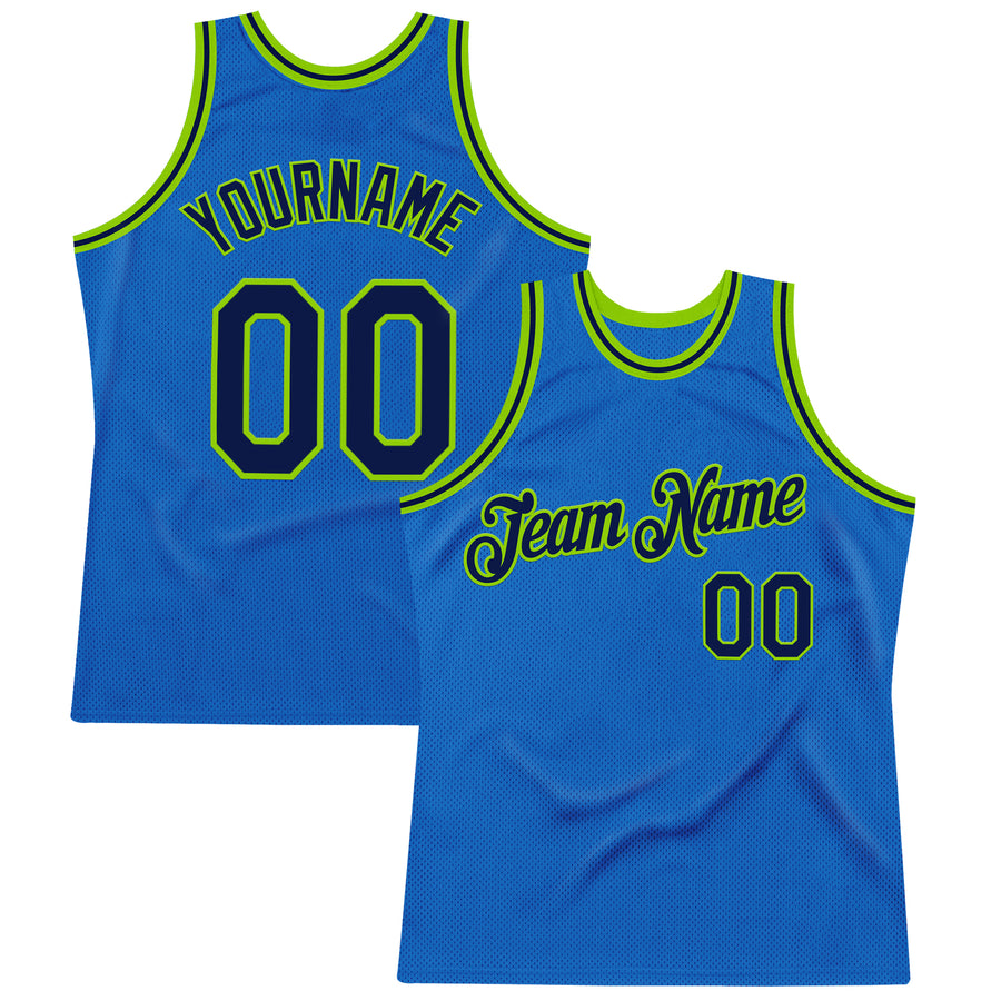 Custom Blue Navy-Neon Green Authentic Throwback Basketball Jersey