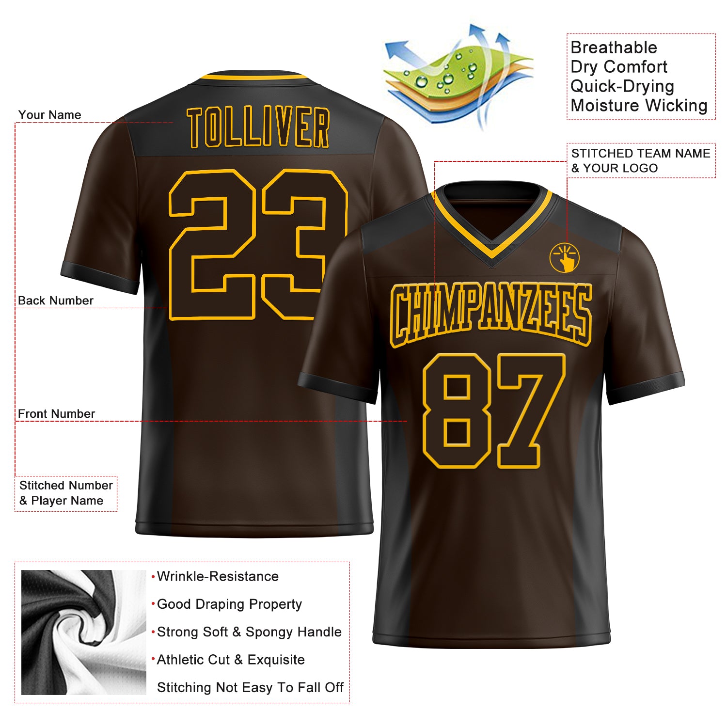 Custom Brown Gold-Black Authentic Football Jersey