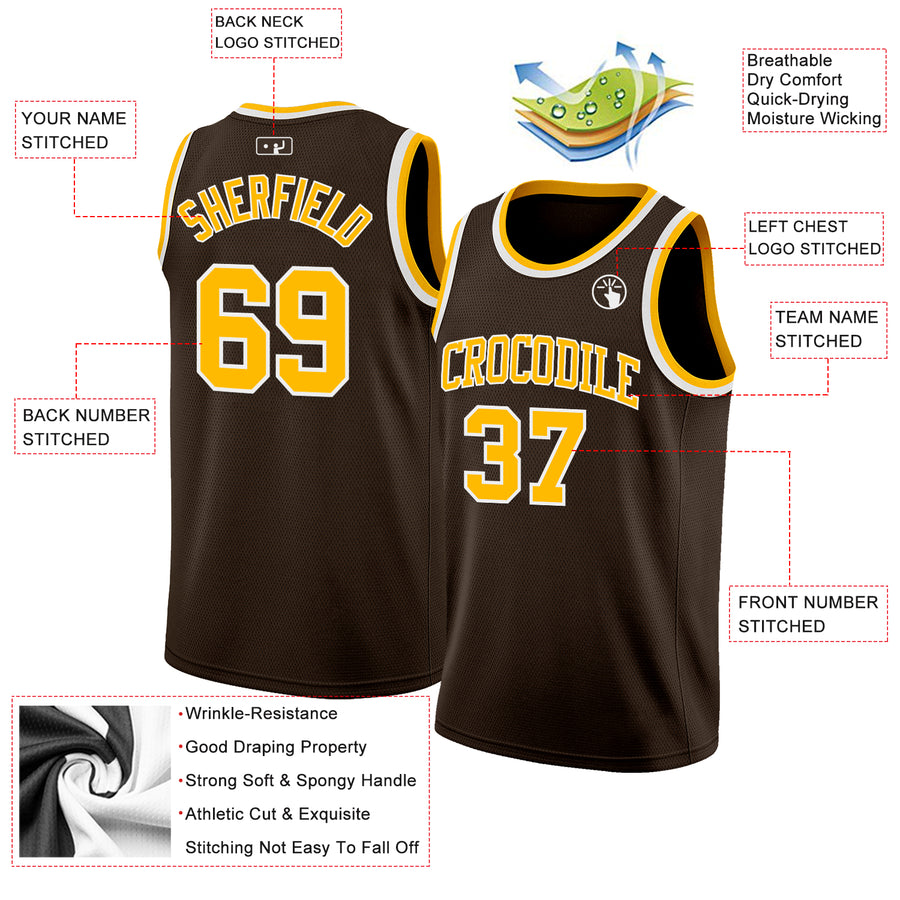 Custom Brown Gold-White Authentic Basketball Jersey