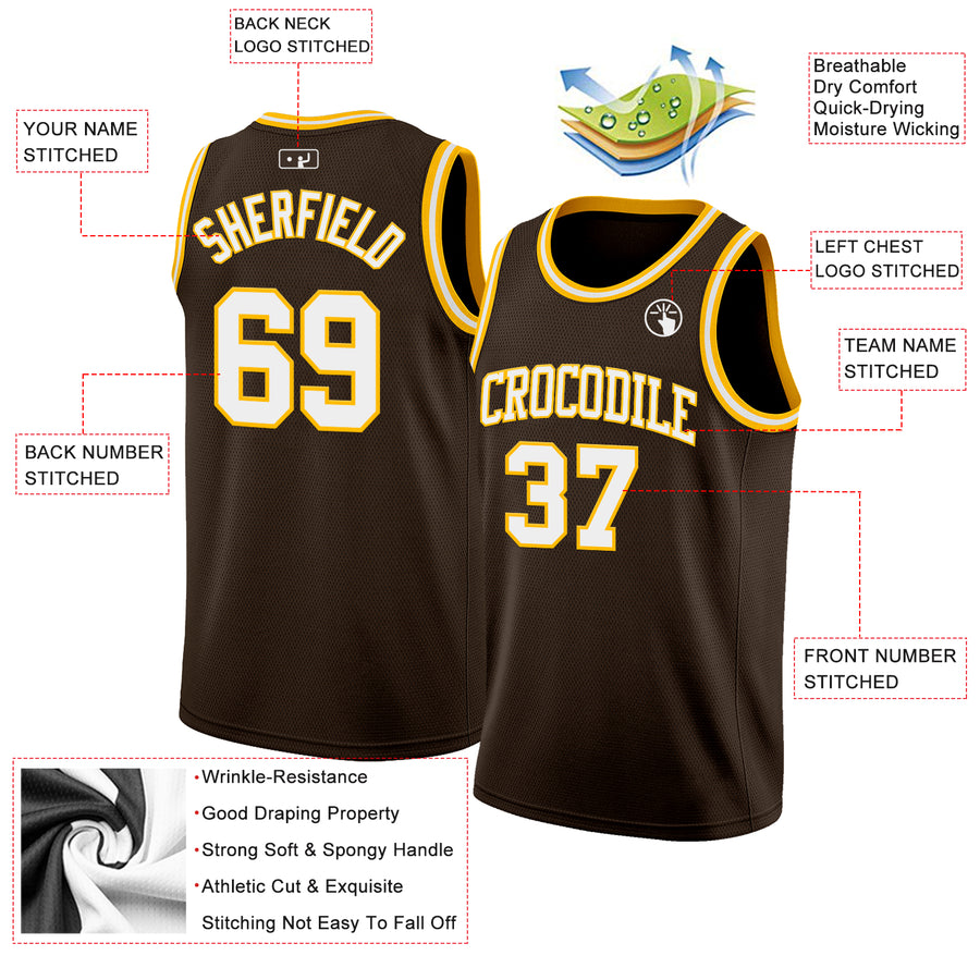 Custom Brown White-Gold Authentic Basketball Jersey