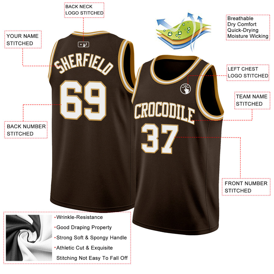 Custom Brown White-Old Gold Authentic Basketball Jersey