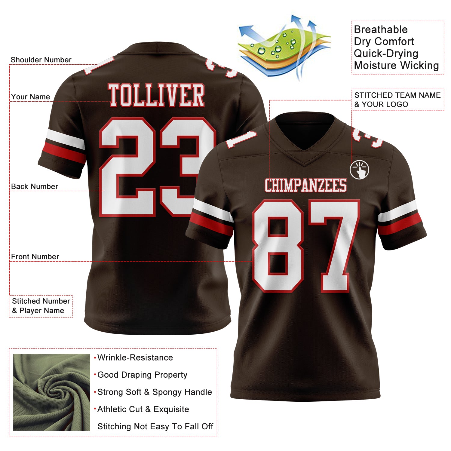 Custom Brown White-Red Authentic Football Jersey