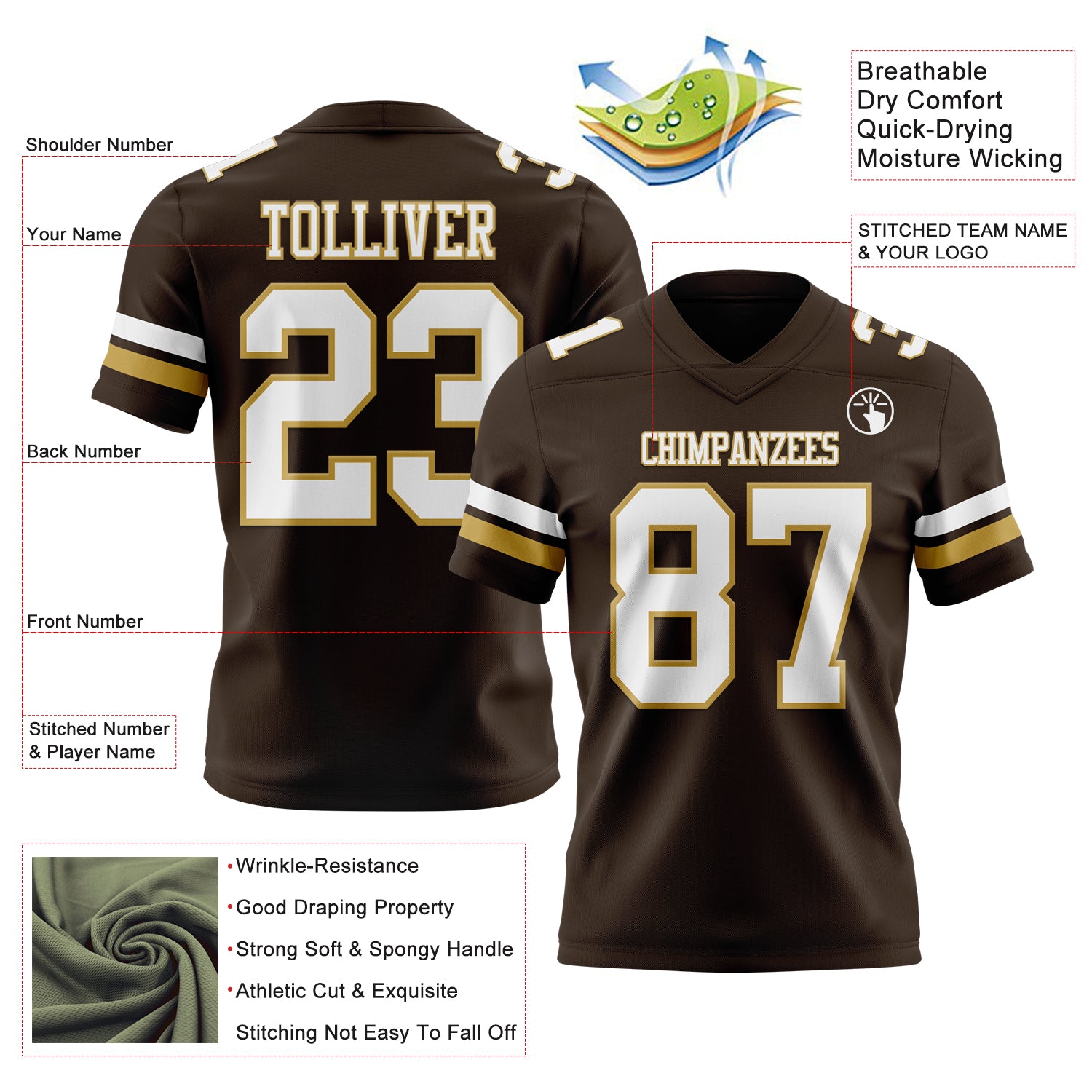 Custom Brown White-Old Gold Authentic Football Jersey
