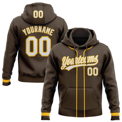Custom Stitched Brown White-Gold Baseball Pullover Sweatshirt Hoodie