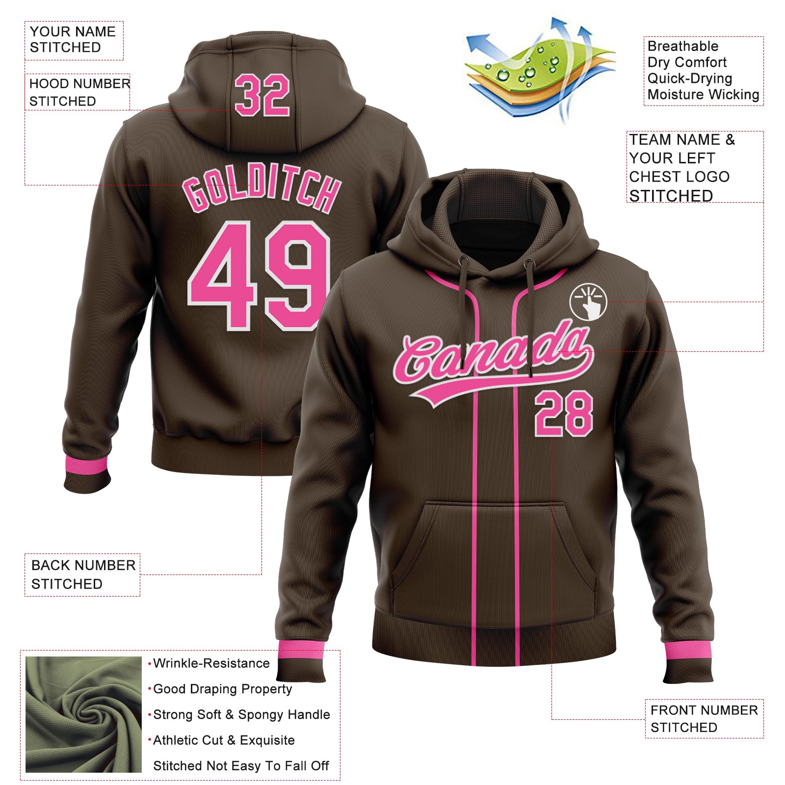 Custom Stitched Brown Pink-White Baseball Pullover Sweatshirt Hoodie