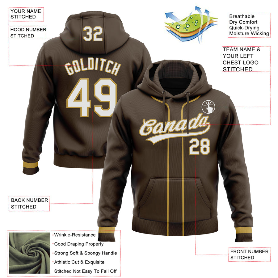 Custom Stitched Brown White-Old Gold Baseball Pullover Sweatshirt Hoodie