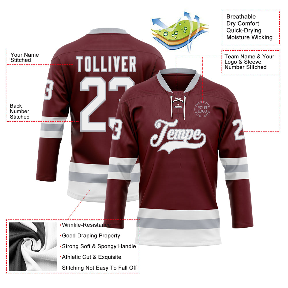 Custom Burgundy White-Gray Hockey Lace Neck Jersey