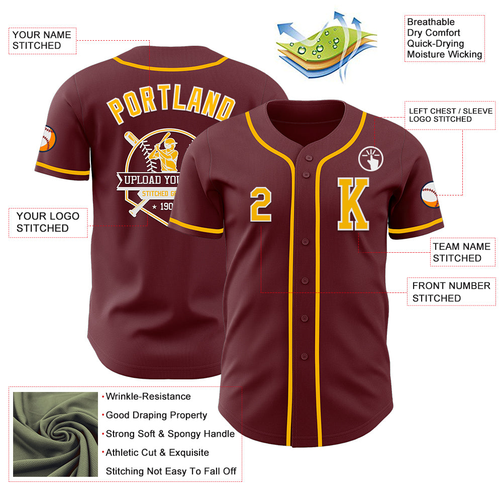 Custom Burgundy Gold-White Authentic Baseball Jersey