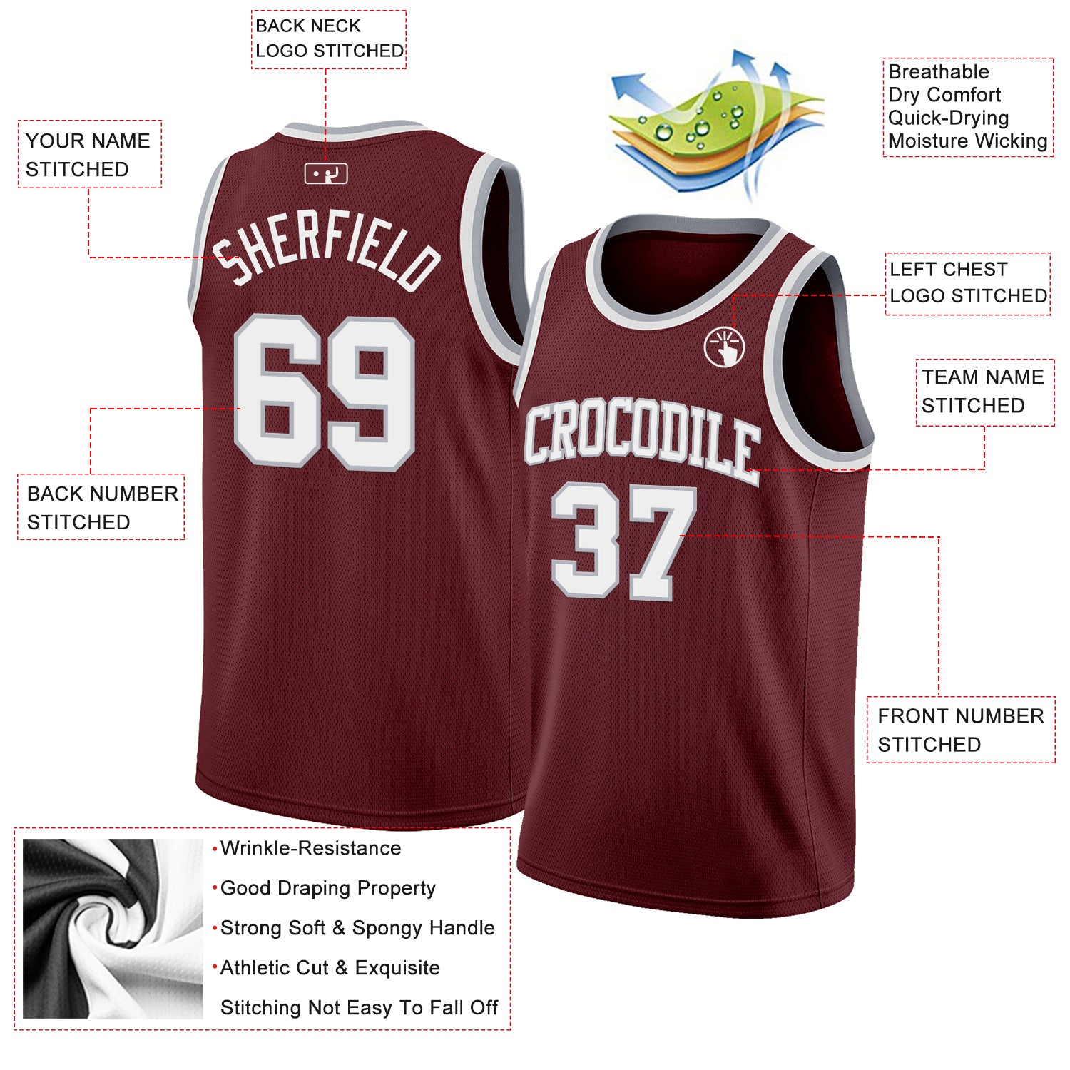 Custom Burgundy White-Gray Authentic Basketball Jersey