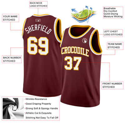 Custom Burgundy White-Gold Authentic Basketball Jersey