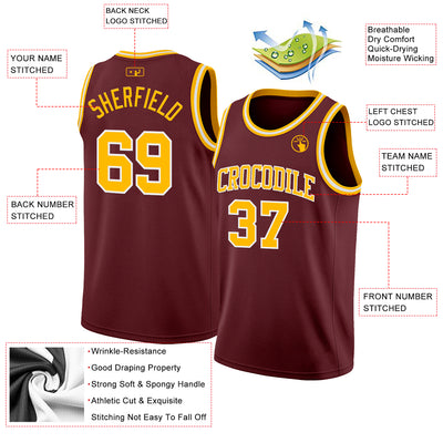Custom Burgundy Gold-White Authentic Basketball Jersey