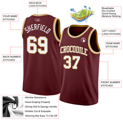 Custom Burgundy White-Old Gold Authentic Basketball Jersey