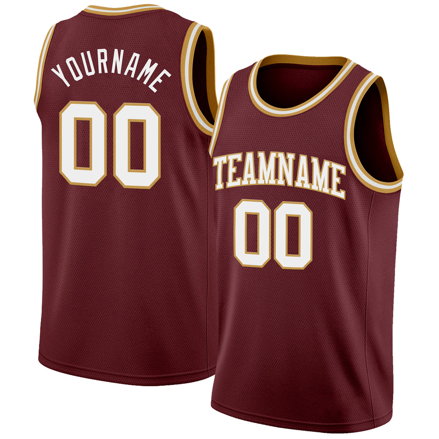 Custom Burgundy White-Old Gold Authentic Basketball Jersey