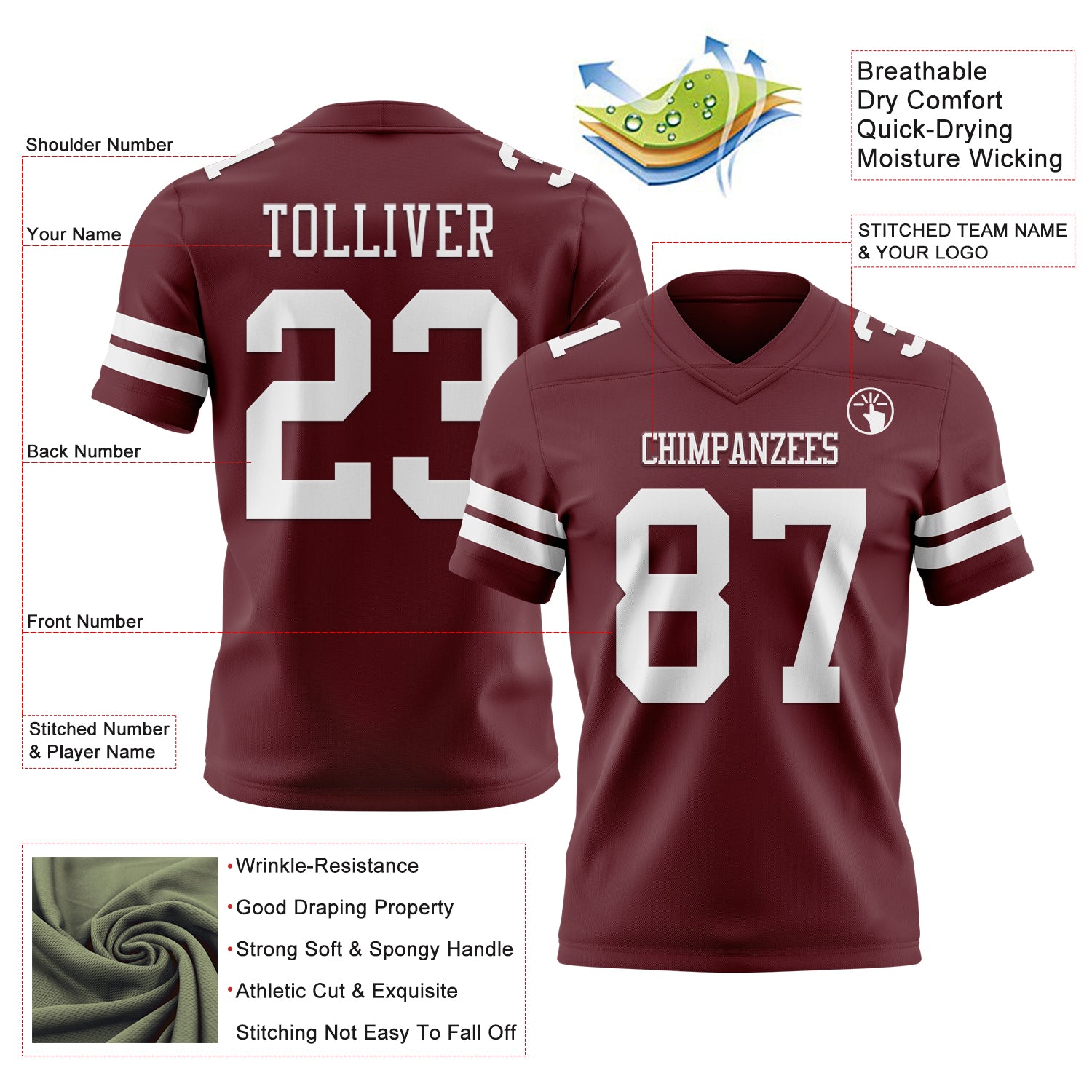 Custom Burgundy White Authentic Football Jersey