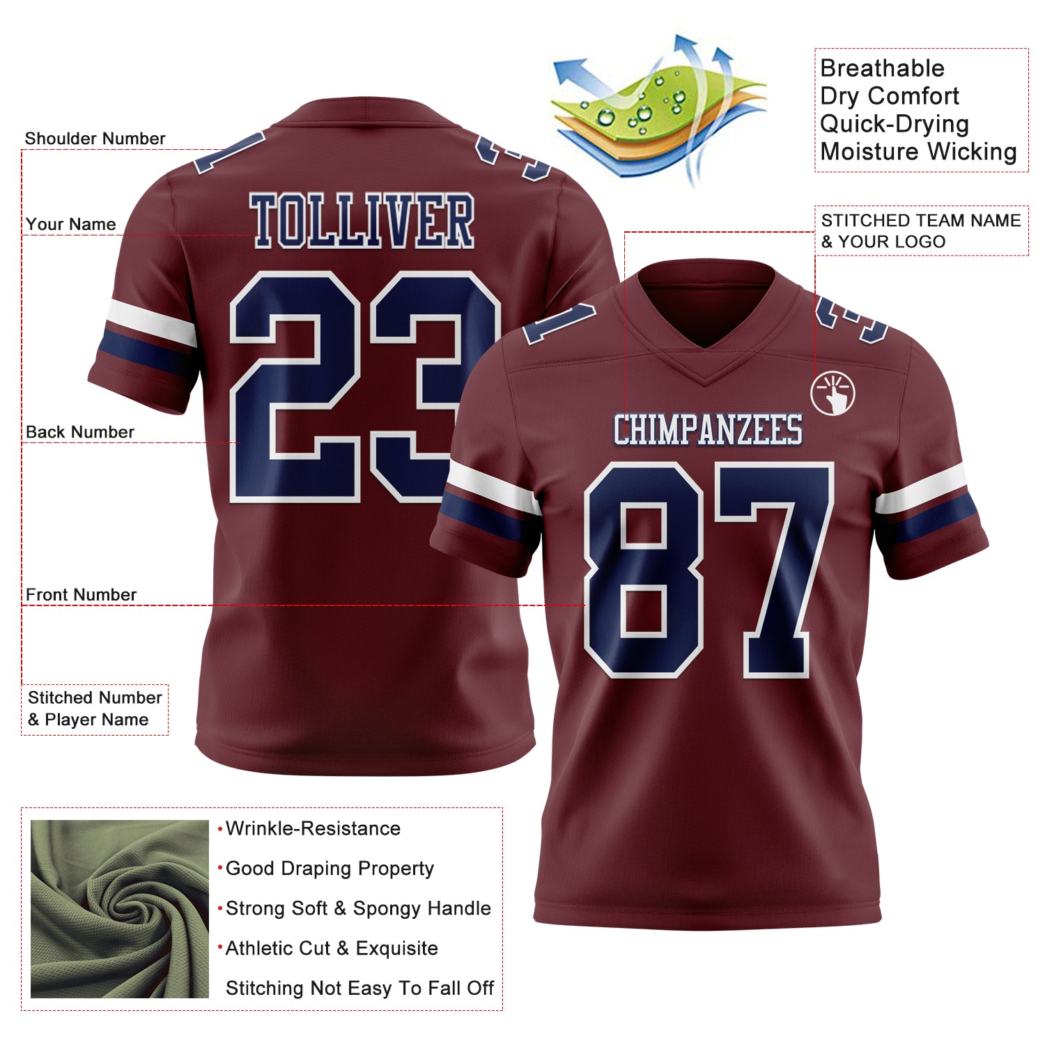 Custom Burgundy Navy-White Authentic Football Jersey