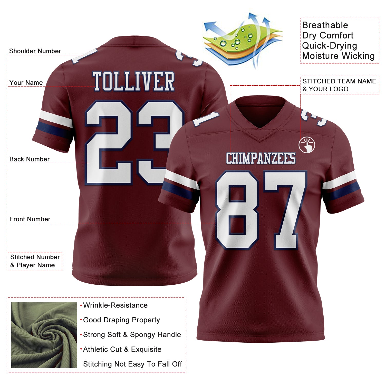Custom Burgundy White-Navy Authentic Football Jersey