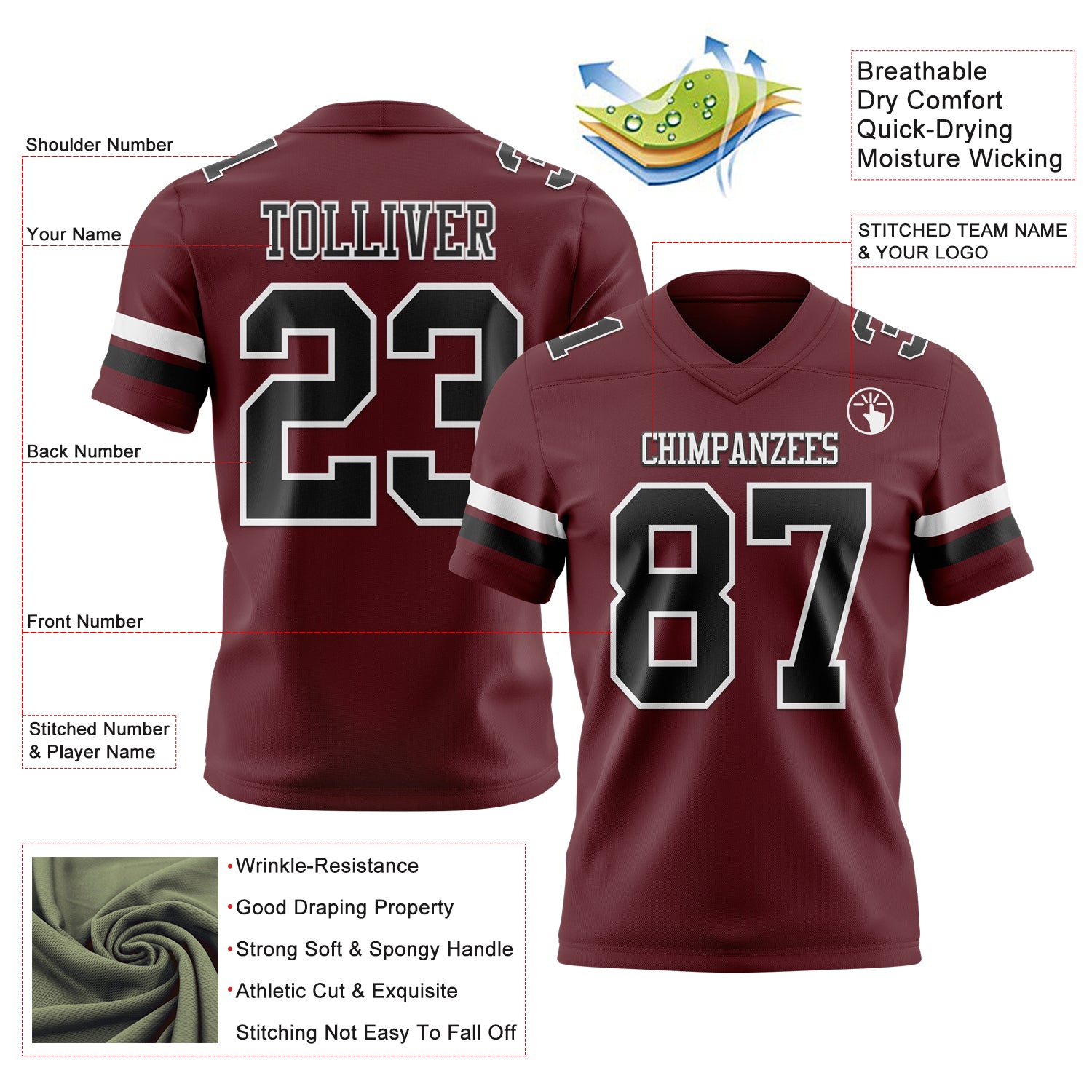 Custom Burgundy Black-White Authentic Football Jersey