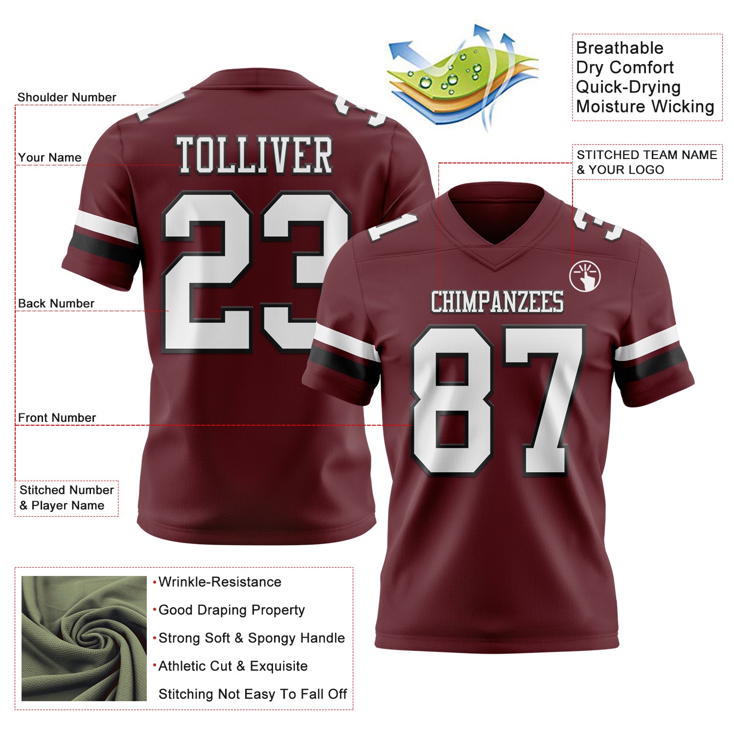 Custom Burgundy White-Black Authentic Football Jersey