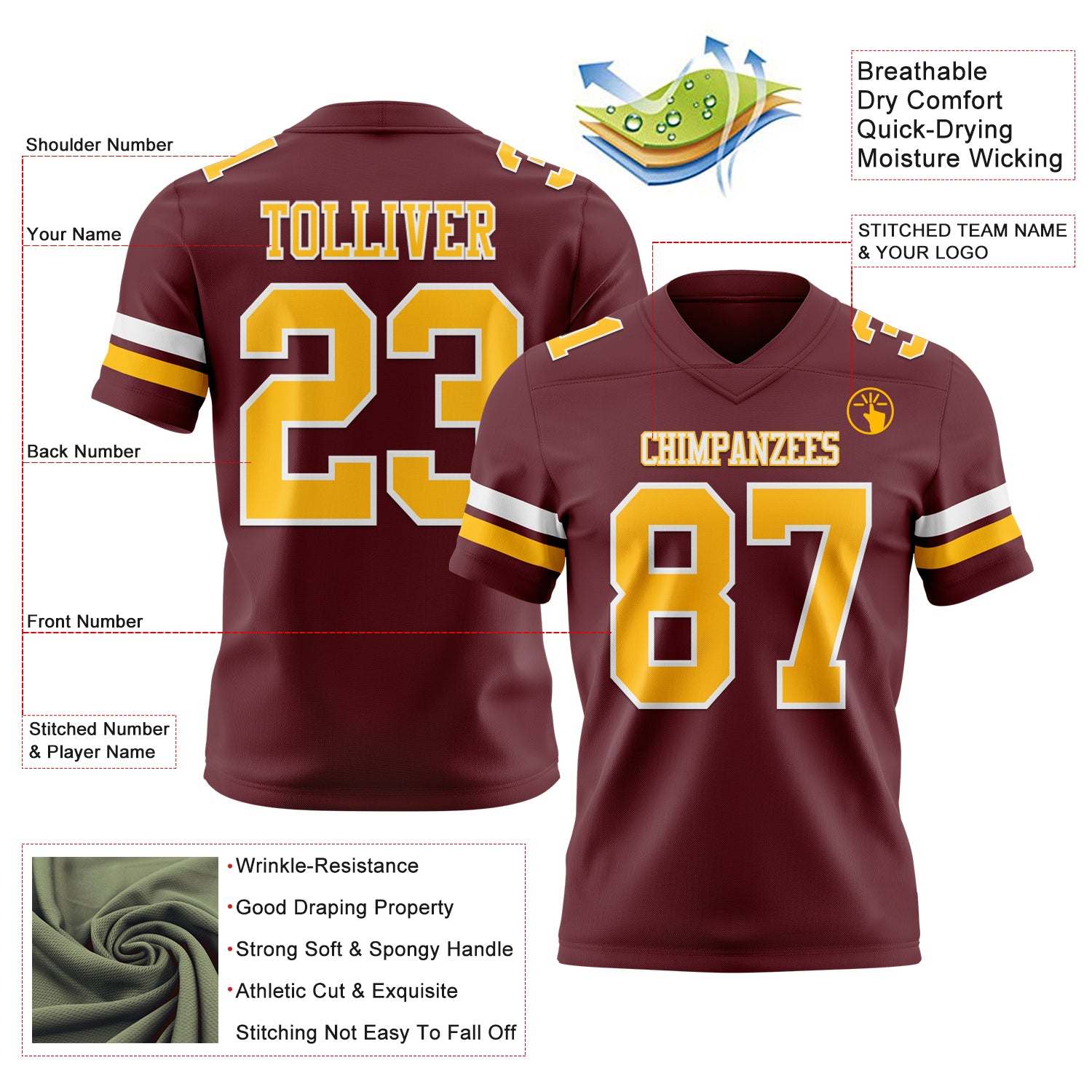 Custom Burgundy Gold-White Authentic Football Jersey