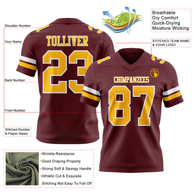 Custom Burgundy Gold-White Authentic Football Jersey