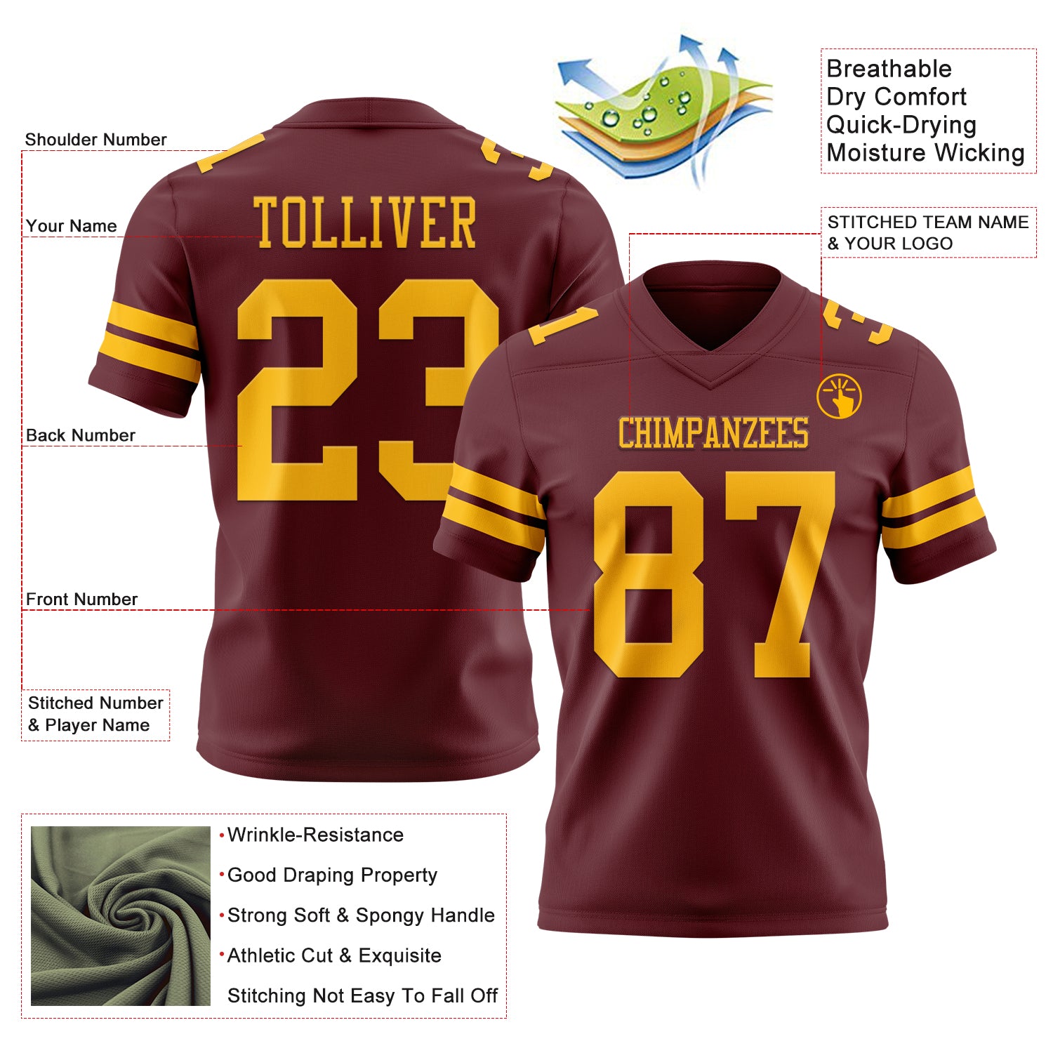 Custom Burgundy Gold Authentic Football Jersey