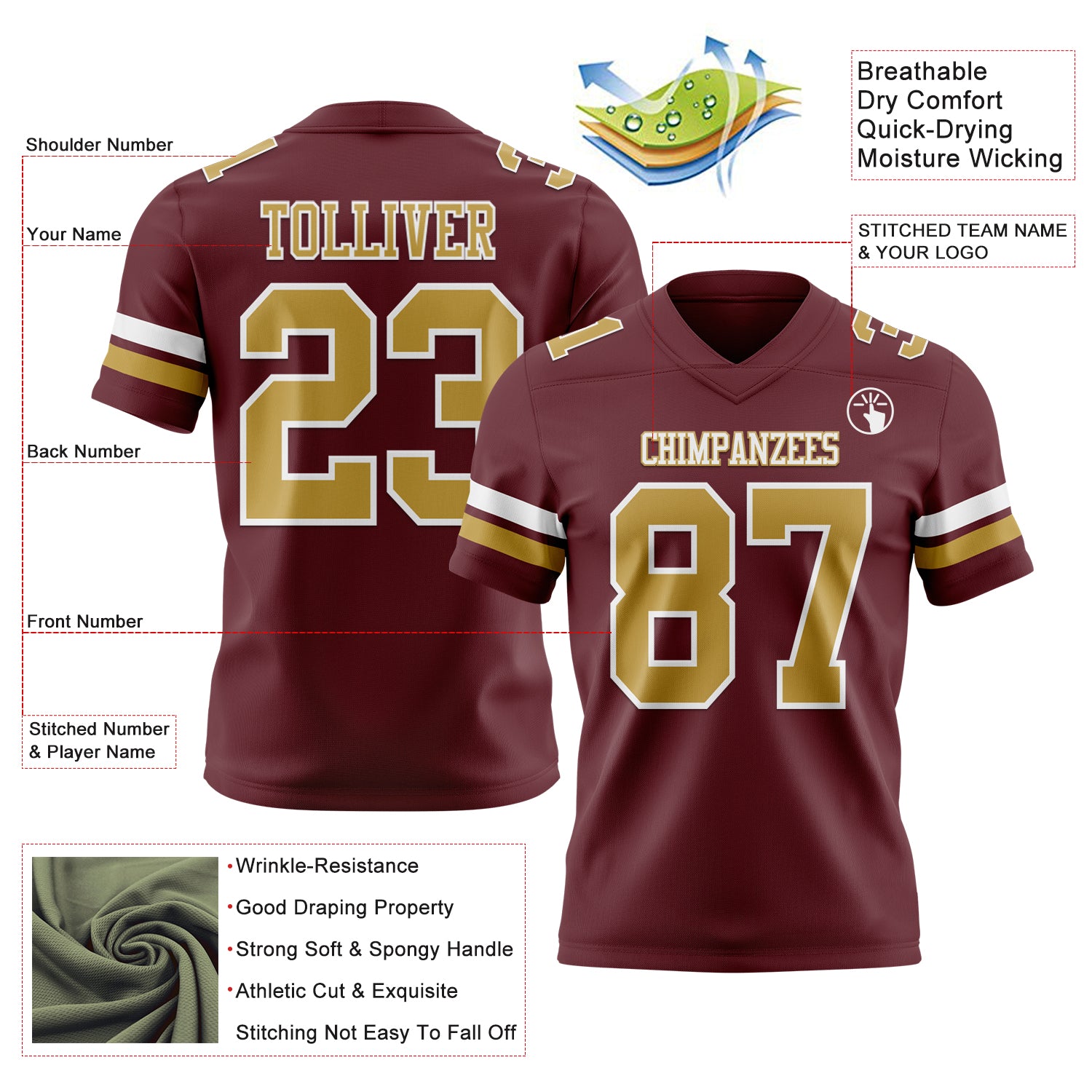 Custom Burgundy Old Gold-White Authentic Football Jersey