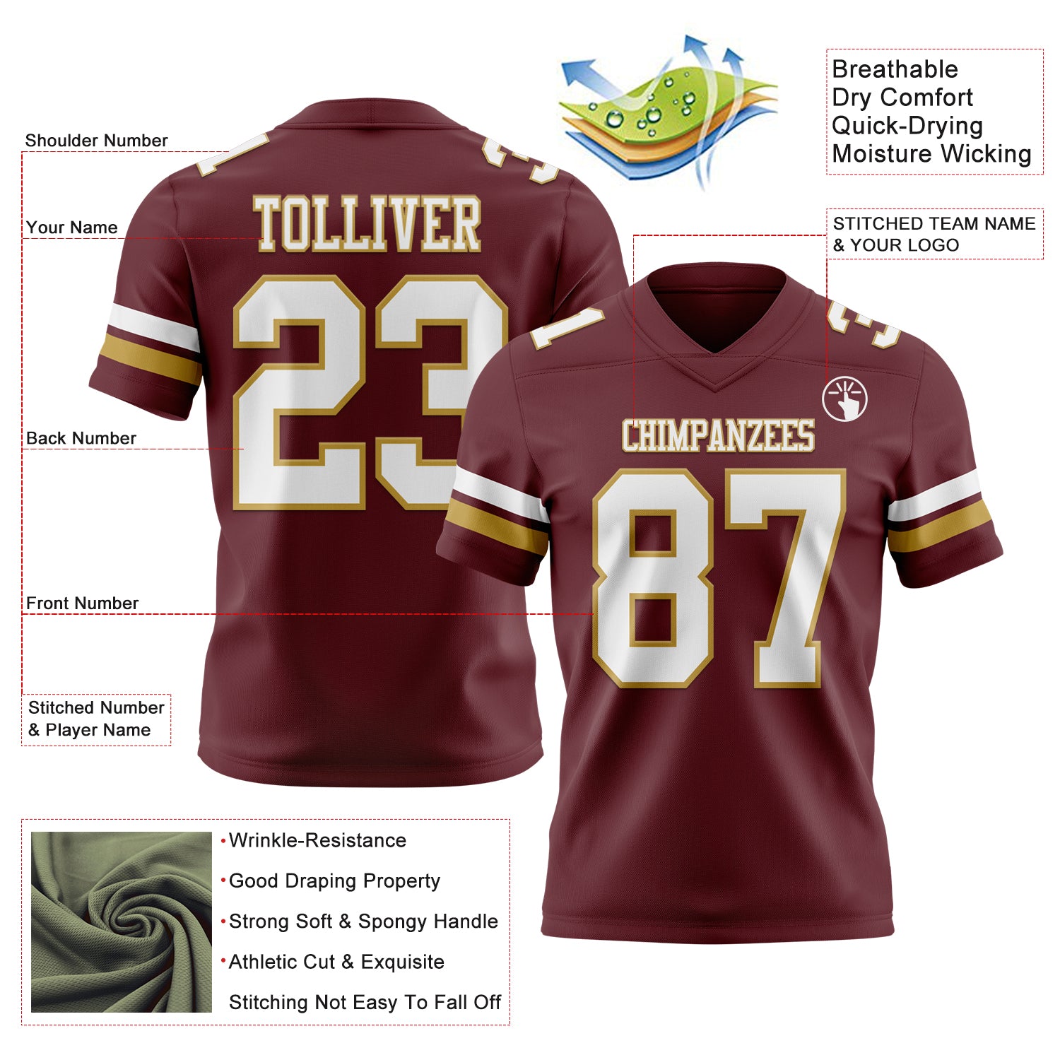 Custom Burgundy White-Old Gold Authentic Football Jersey