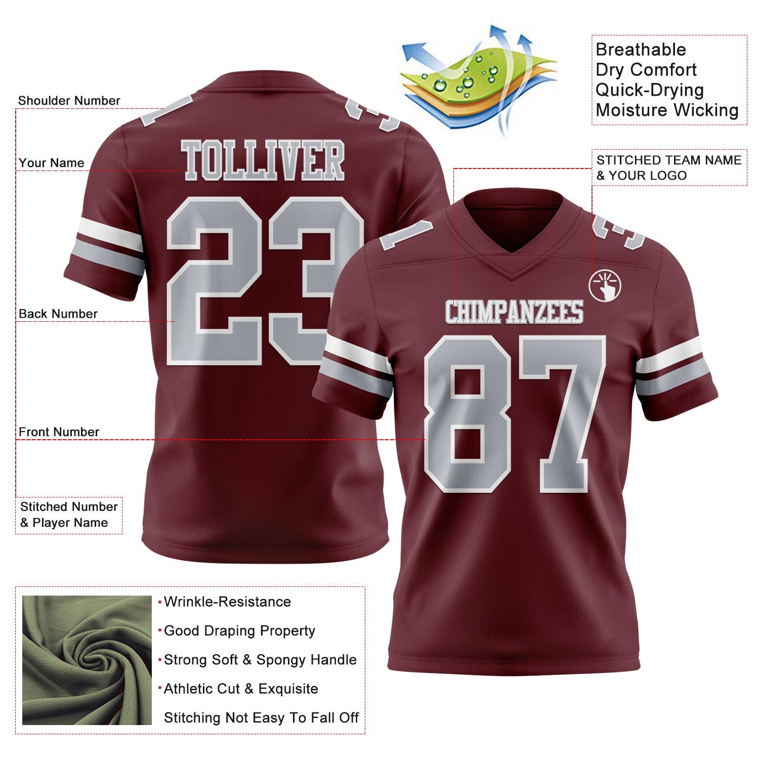 Custom Burgundy Gray-White Authentic Football Jersey