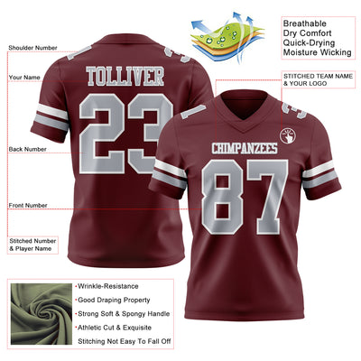 Custom Burgundy Gray-White Authentic Football Jersey