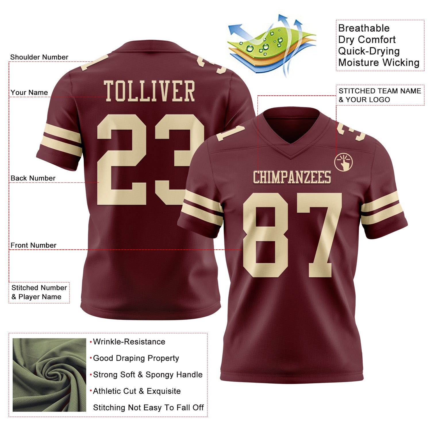 Custom Burgundy Cream Authentic Football Jersey