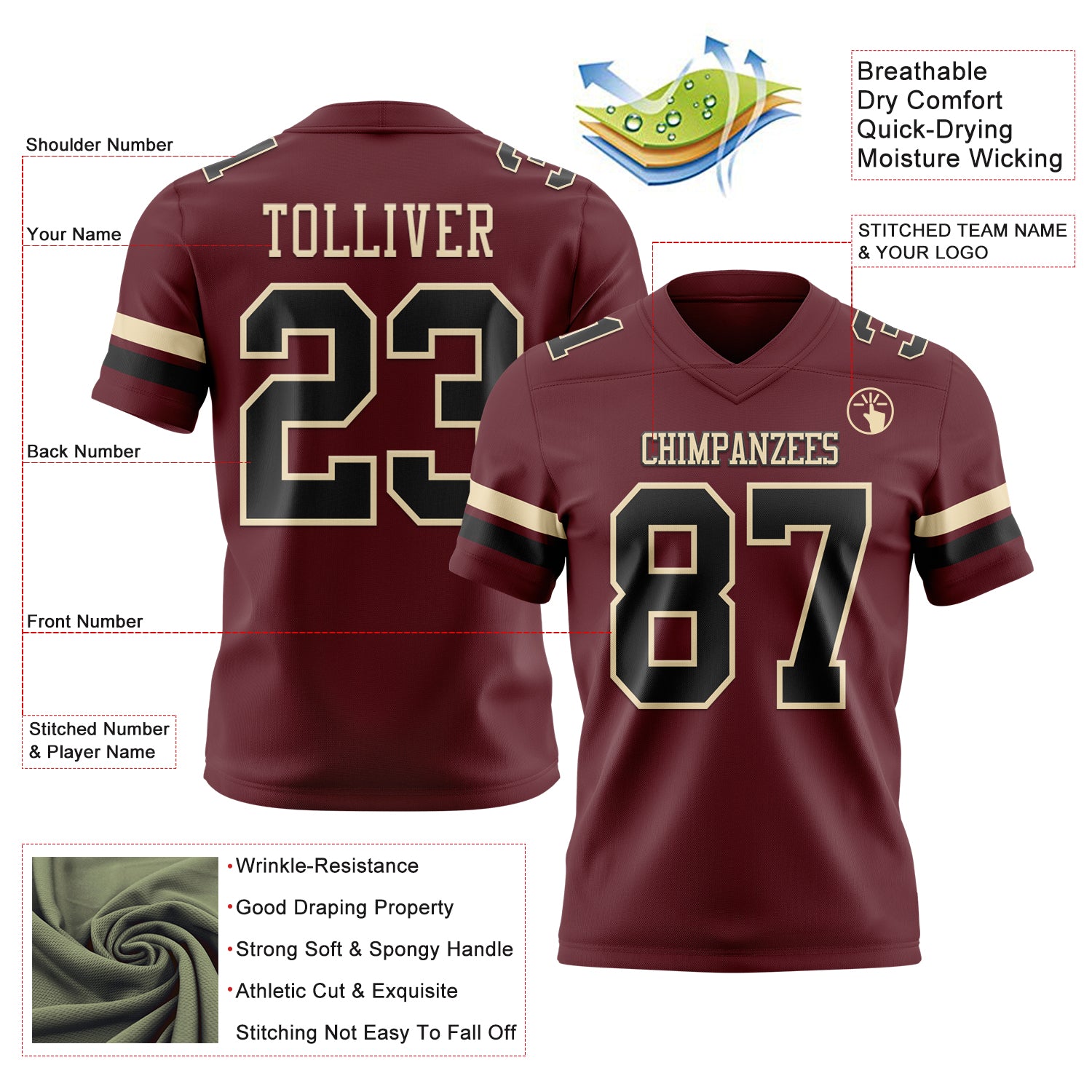 Custom Burgundy Black-Cream Authentic Football Jersey