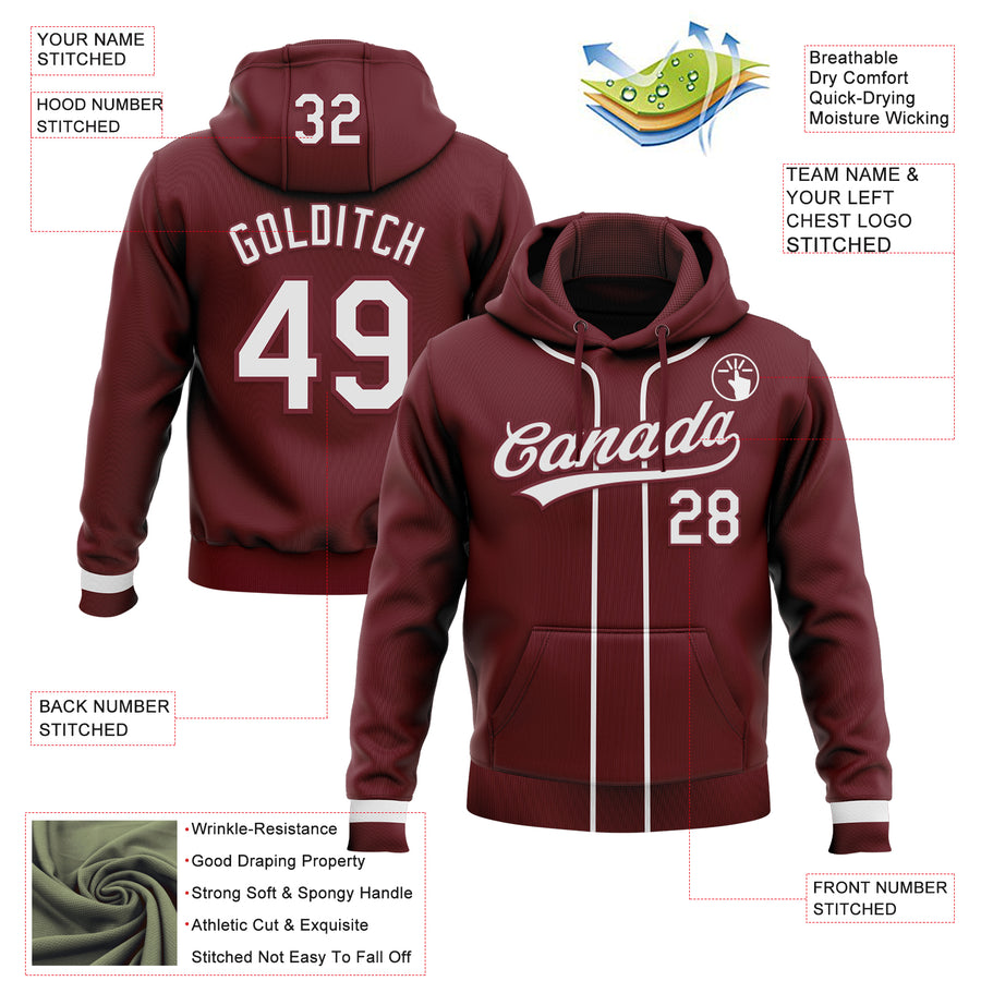 Custom Stitched Burgundy White-Burgundy Baseball Pullover Sweatshirt Hoodie