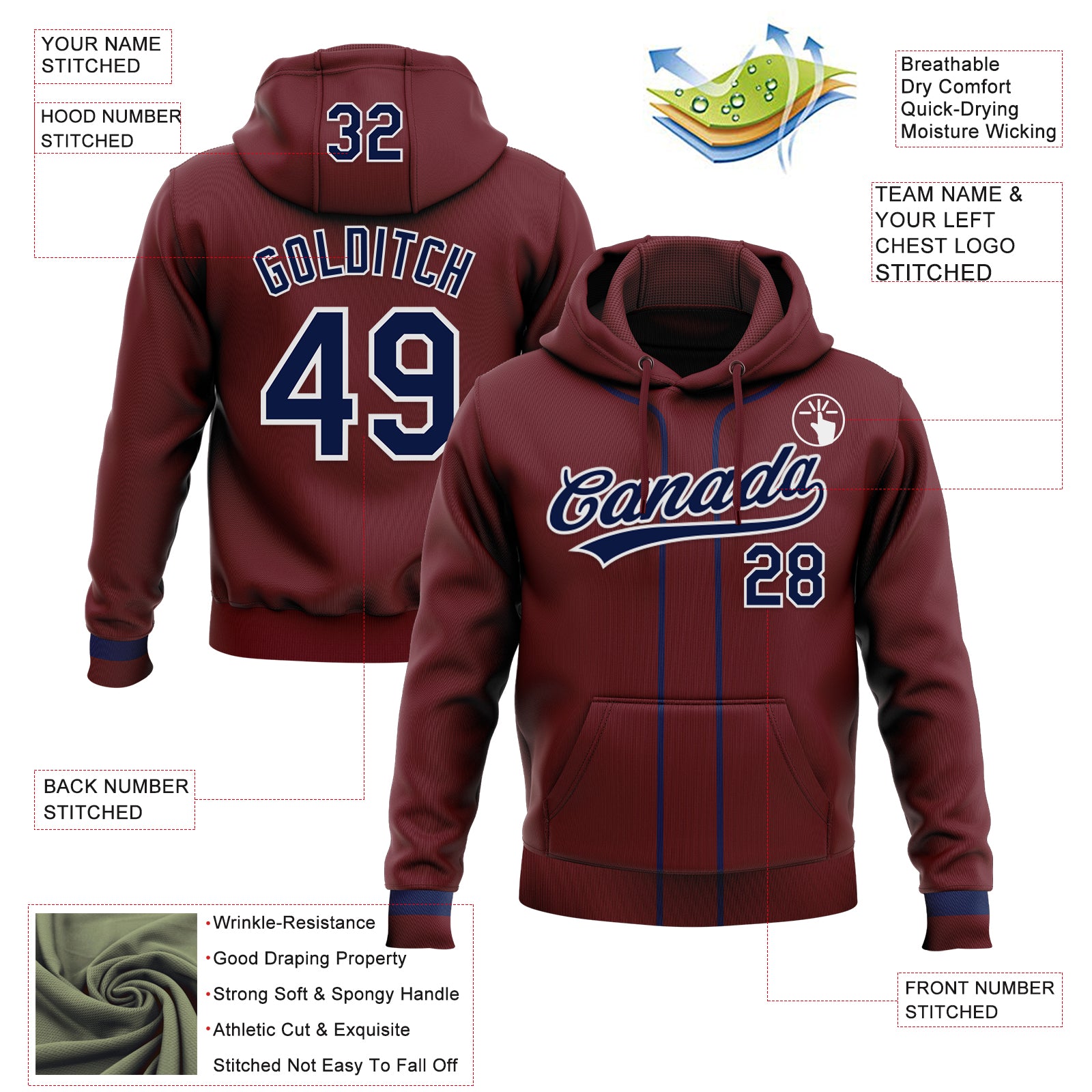 Custom Stitched Burgundy Navy-White Baseball Pullover Sweatshirt Hoodie