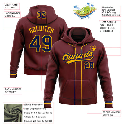 Custom Stitched Burgundy Navy-Gold Baseball Pullover Sweatshirt Hoodie