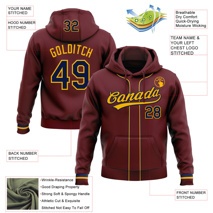 Custom Stitched Burgundy Navy-Gold Baseball Pullover Sweatshirt Hoodie