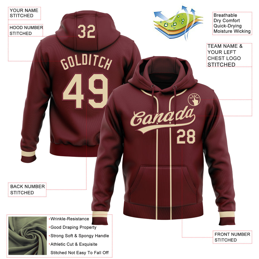Custom Stitched Burgundy Cream-Burgundy Baseball Pullover Sweatshirt Hoodie