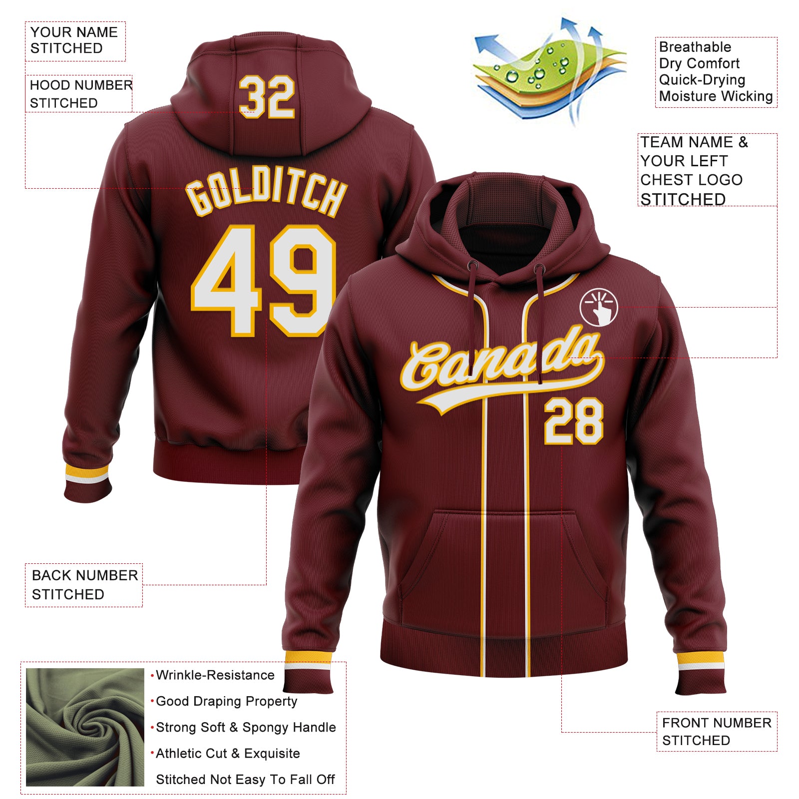 Custom Stitched Burgundy White-Gold Baseball Pullover Sweatshirt Hoodie