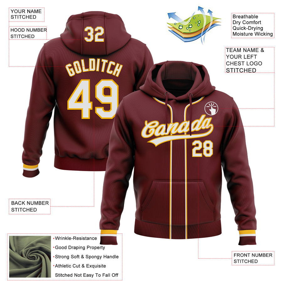 Custom Stitched Burgundy White-Gold Baseball Pullover Sweatshirt Hoodie