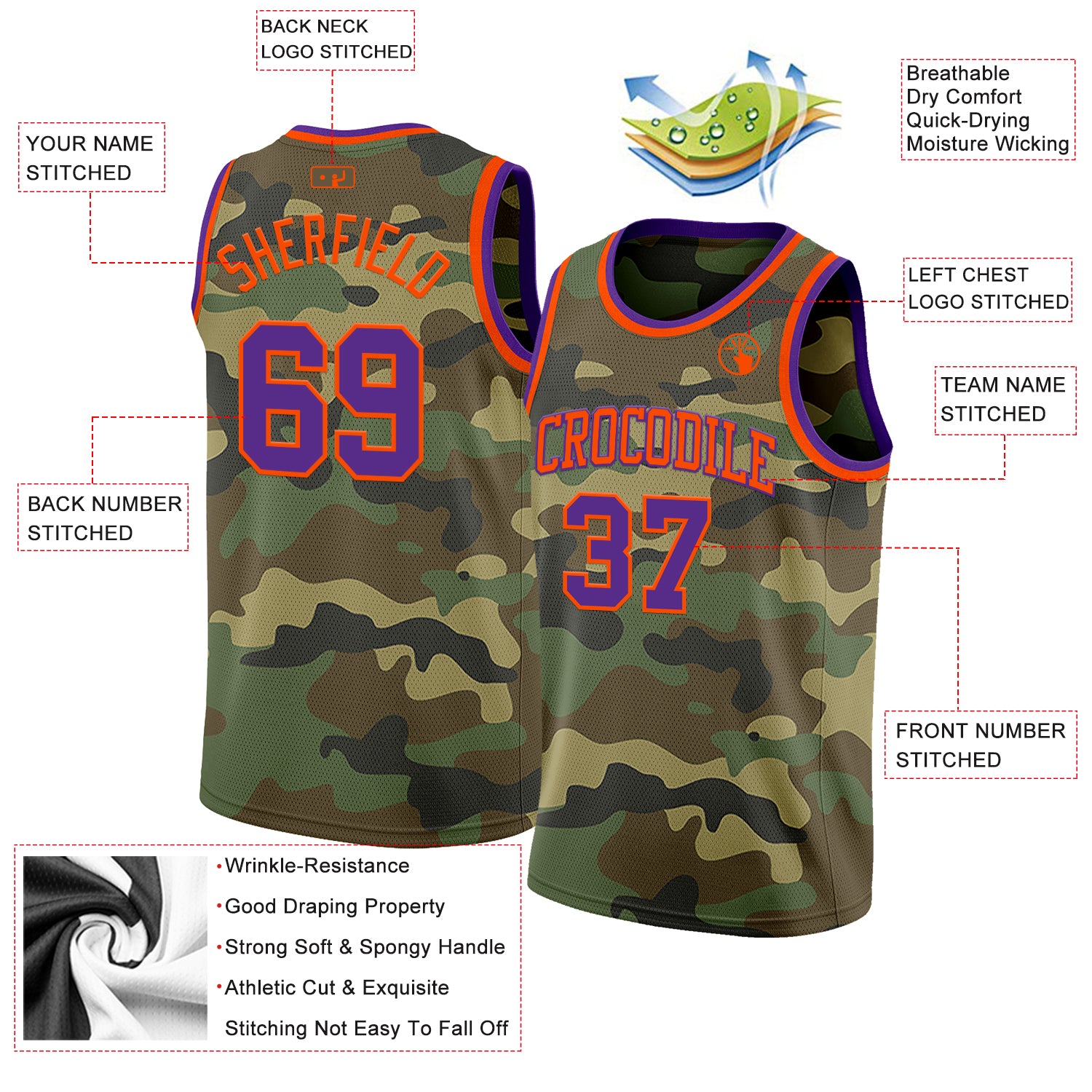 Custom Camo Purple-Orange Authentic Salute To Service Basketball Jersey