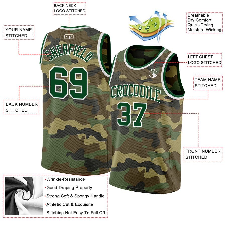 Custom Camo Green-White Authentic Salute To Service Basketball Jersey