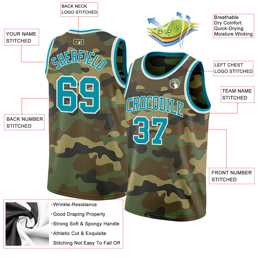 Custom Camo Teal-White Authentic Salute To Service Basketball Jersey