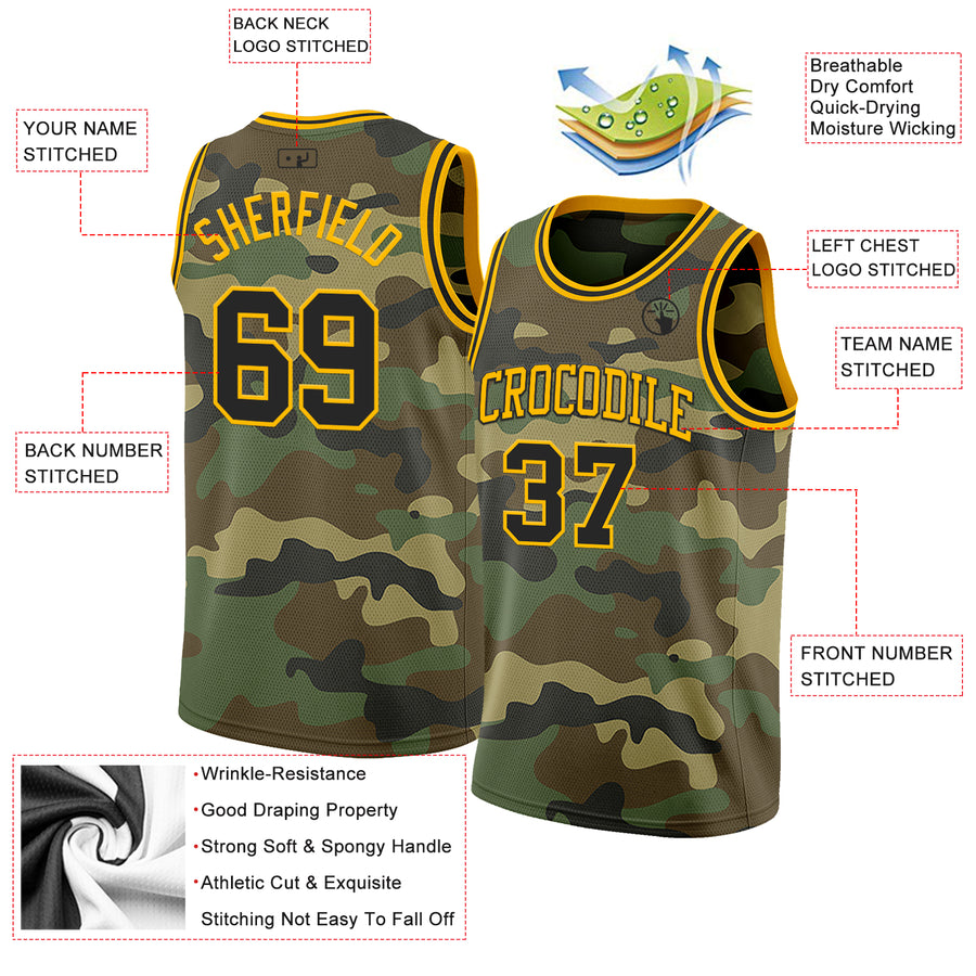 Custom Camo Black-Gold Authentic Salute To Service Basketball Jersey