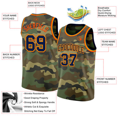 Custom Camo Navy Gold-Orange Authentic Salute To Service Basketball Jersey