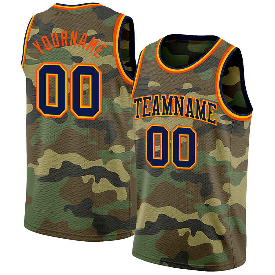 Custom Camo Navy Gold-Orange Authentic Salute To Service Basketball Jersey