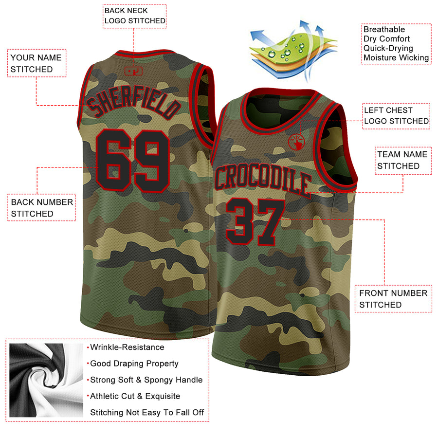 Custom Camo Black-Red Authentic Salute To Service Basketball Jersey