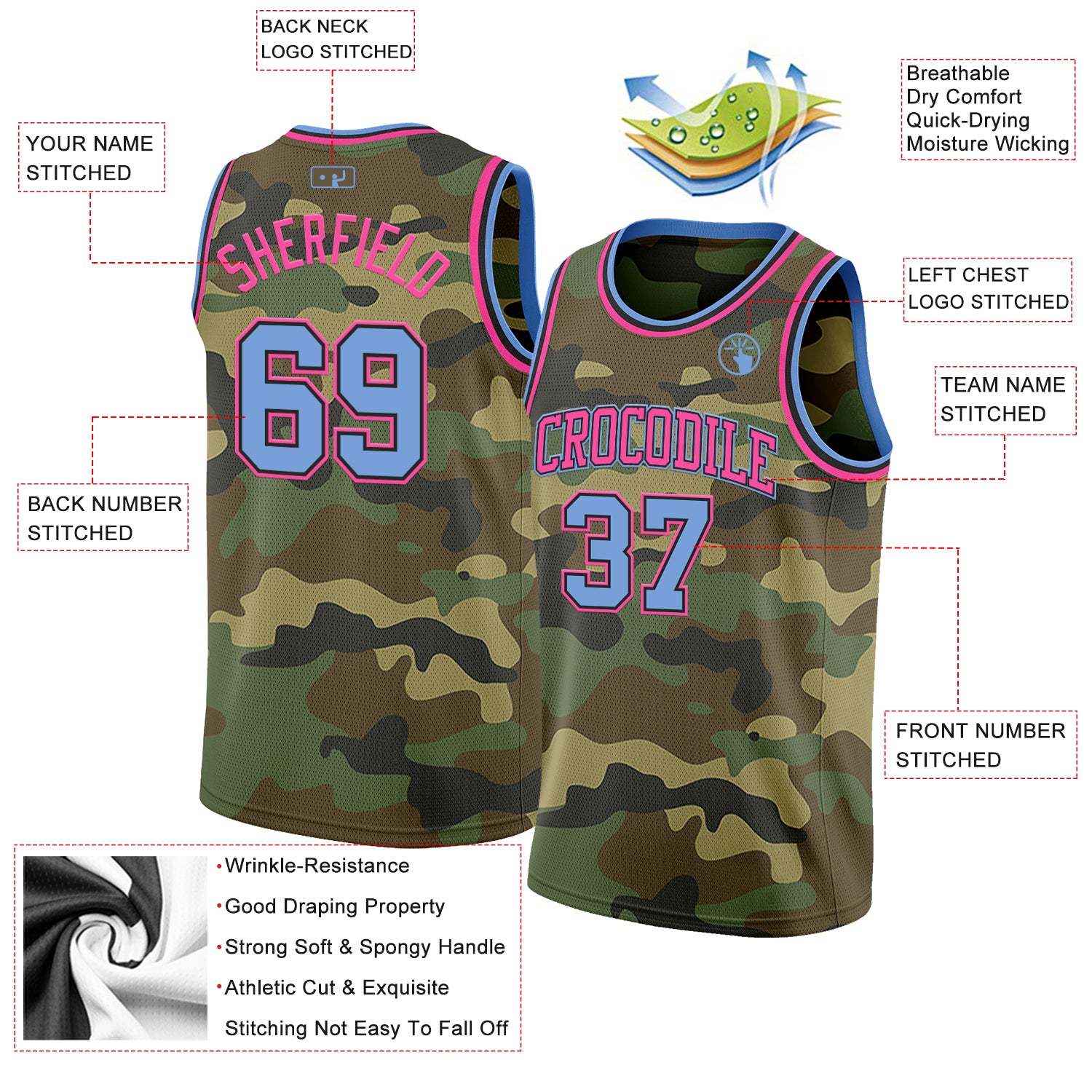 Custom Camo Light Blue Black-Pink Authentic Salute To Service Basketball Jersey
