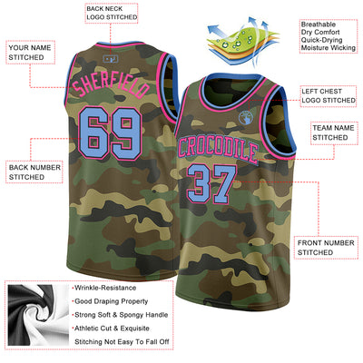 Custom Camo Light Blue Black-Pink Authentic Salute To Service Basketball Jersey