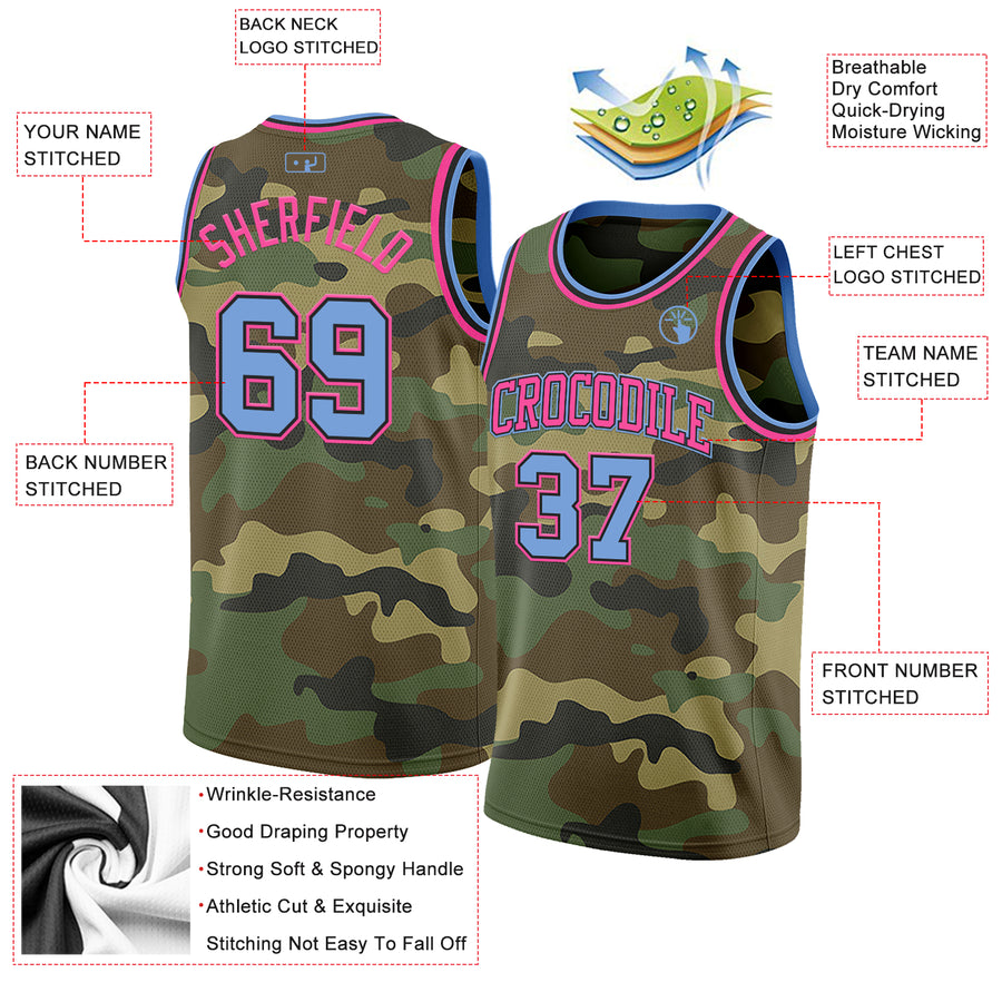 Custom Camo Light Blue Black-Pink Authentic Salute To Service Basketball Jersey